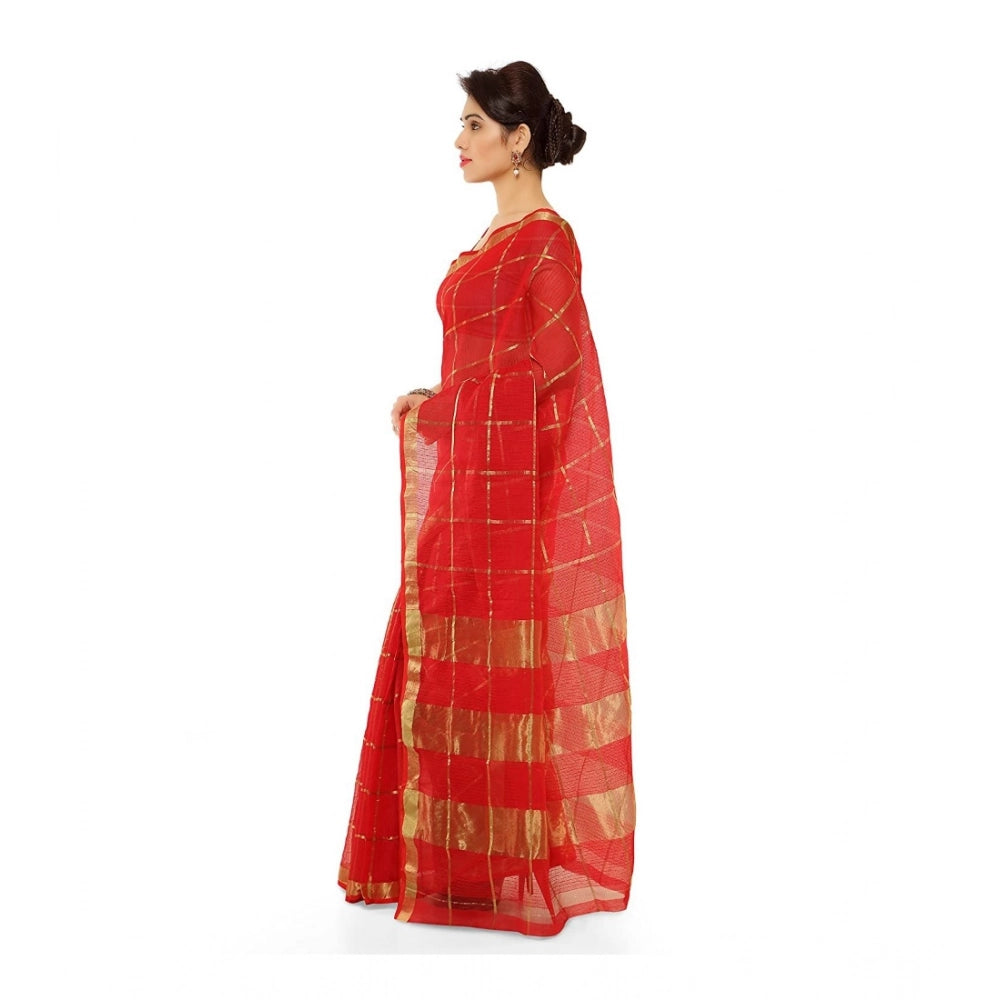 Snuggle Spot Women's Kota Doria Cotton Saree With Blouse (Red,6-3 Mtrs)