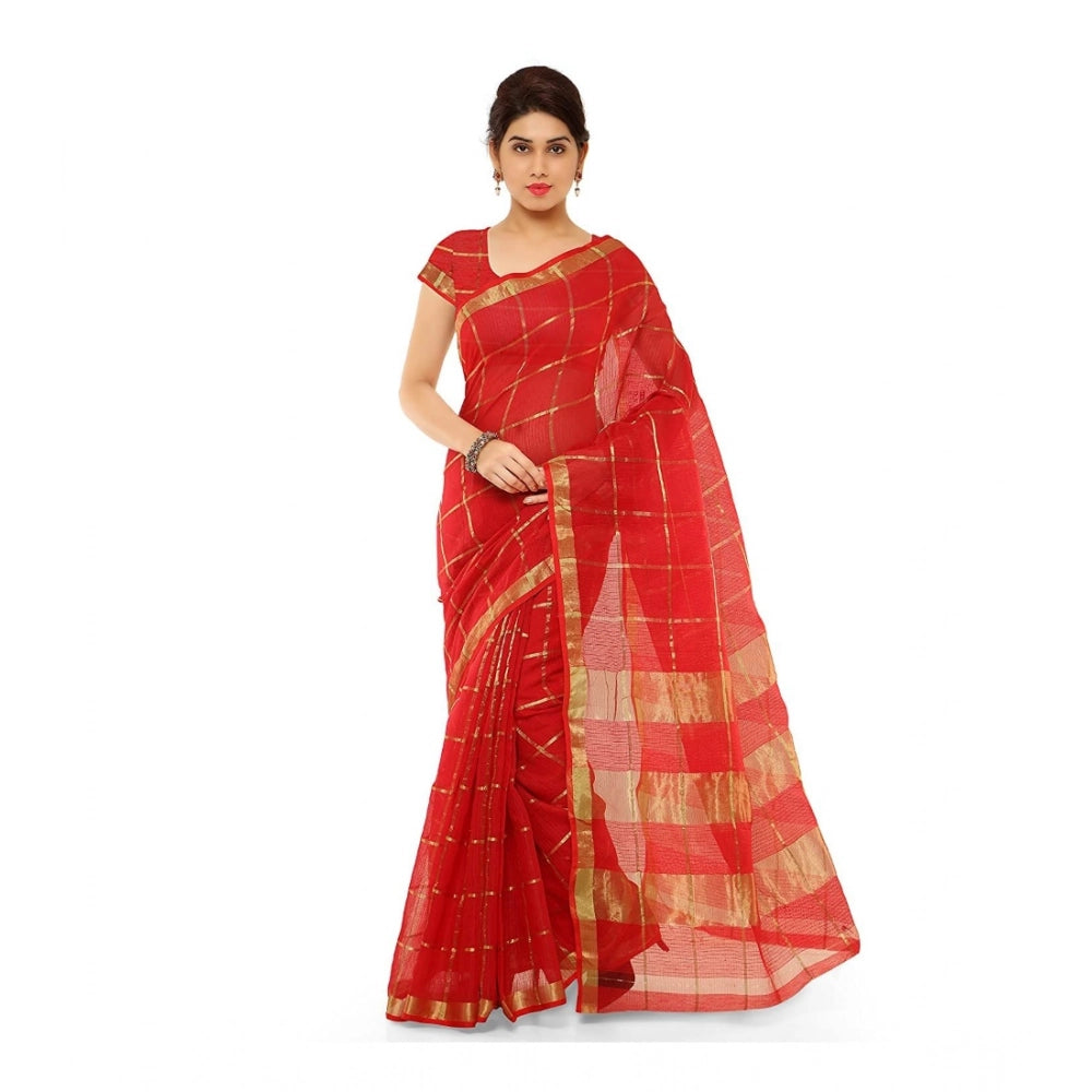 Snuggle Spot Women's Kota Doria Cotton Saree With Blouse (Red,6-3 Mtrs)