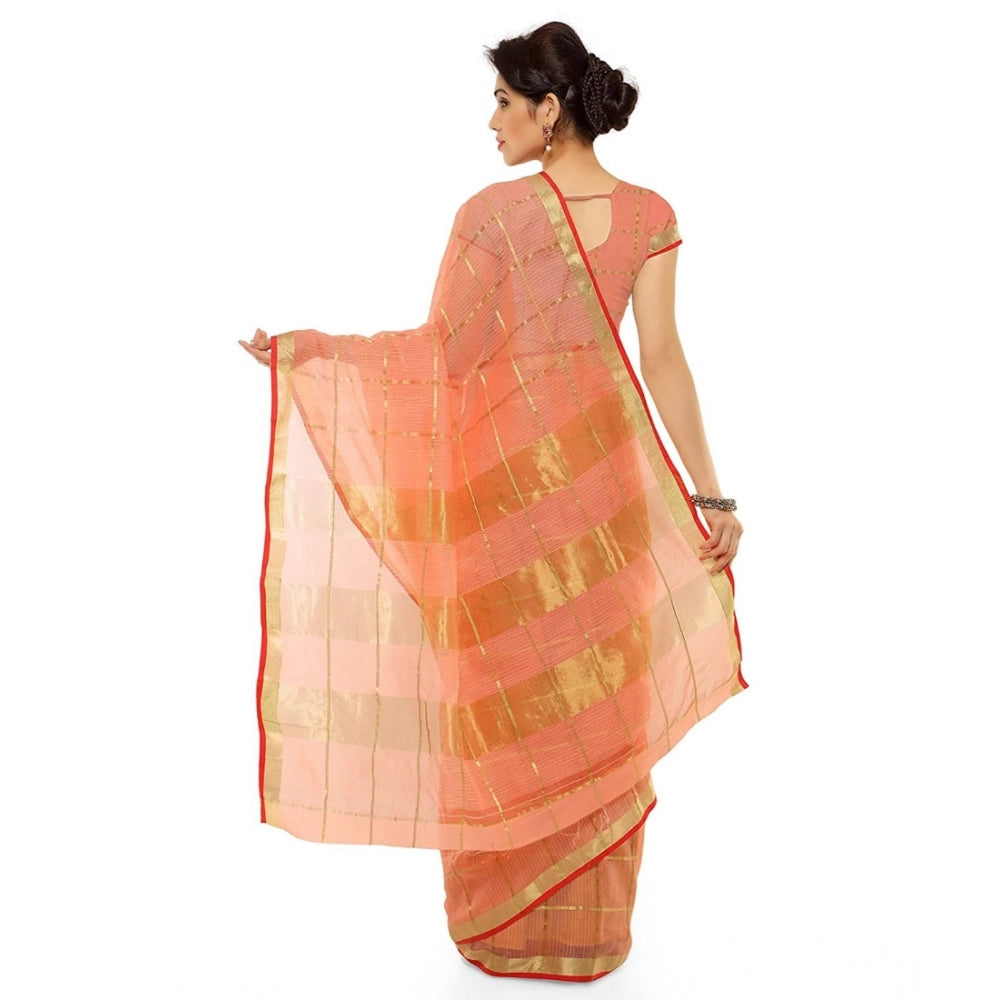 Snuggle Spot Women's Kota Doria Cotton Saree With Blouse (Peach,6-3 Mtrs)