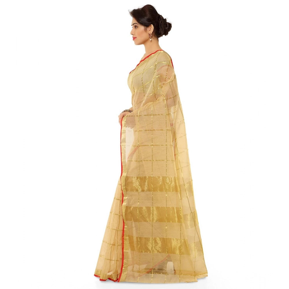 Snuggle Spot Women's Kota Doria Cotton Saree With Blouse (Chikoo,6-3 Mtrs)
