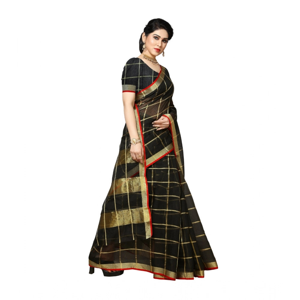 Snuggle Spot Women's Kota Doria Cotton Saree With Blouse (Black,6-3 Mtrs)