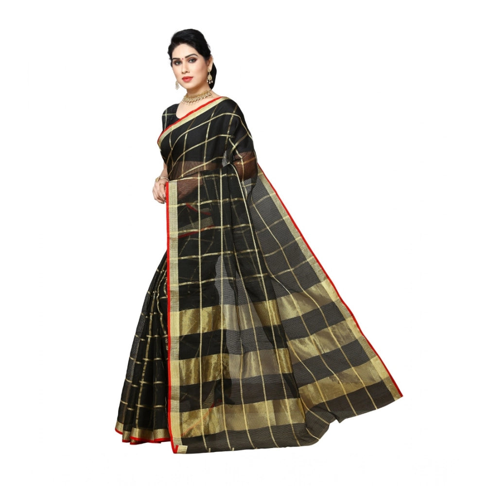 Snuggle Spot Women's Kota Doria Cotton Saree With Blouse (Black,6-3 Mtrs)