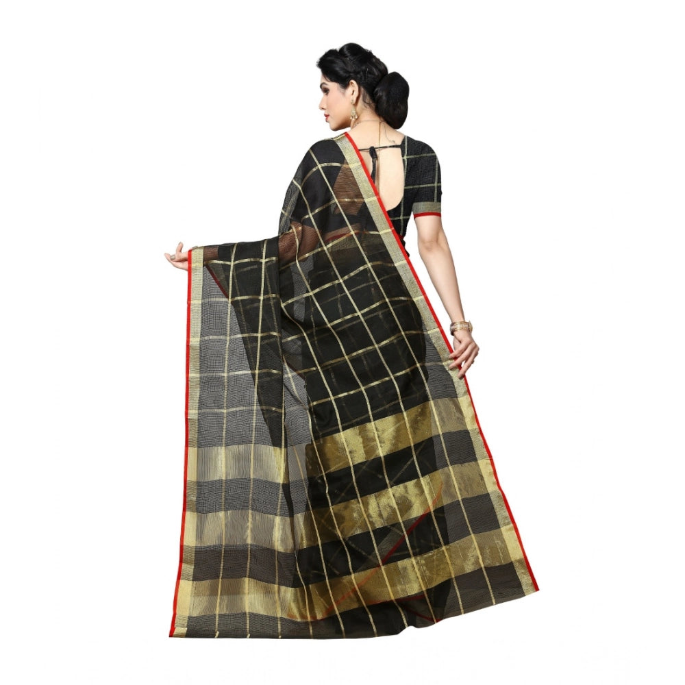 Snuggle Spot Women's Kota Doria Cotton Saree With Blouse (Black,6-3 Mtrs)