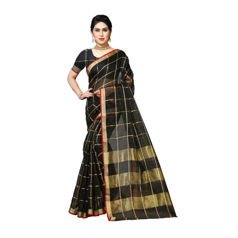 Snuggle Spot Women's Kota Doria Cotton Saree With Blouse (Black,6-3 Mtrs)