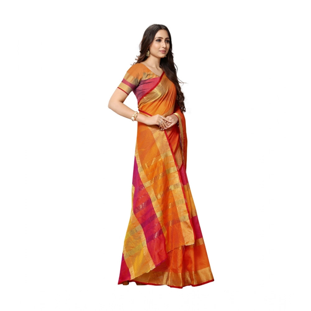 Snuggle Spot Women's Kota Doria Cotton Saree With Blouse (Orange,6-3 Mtrs)