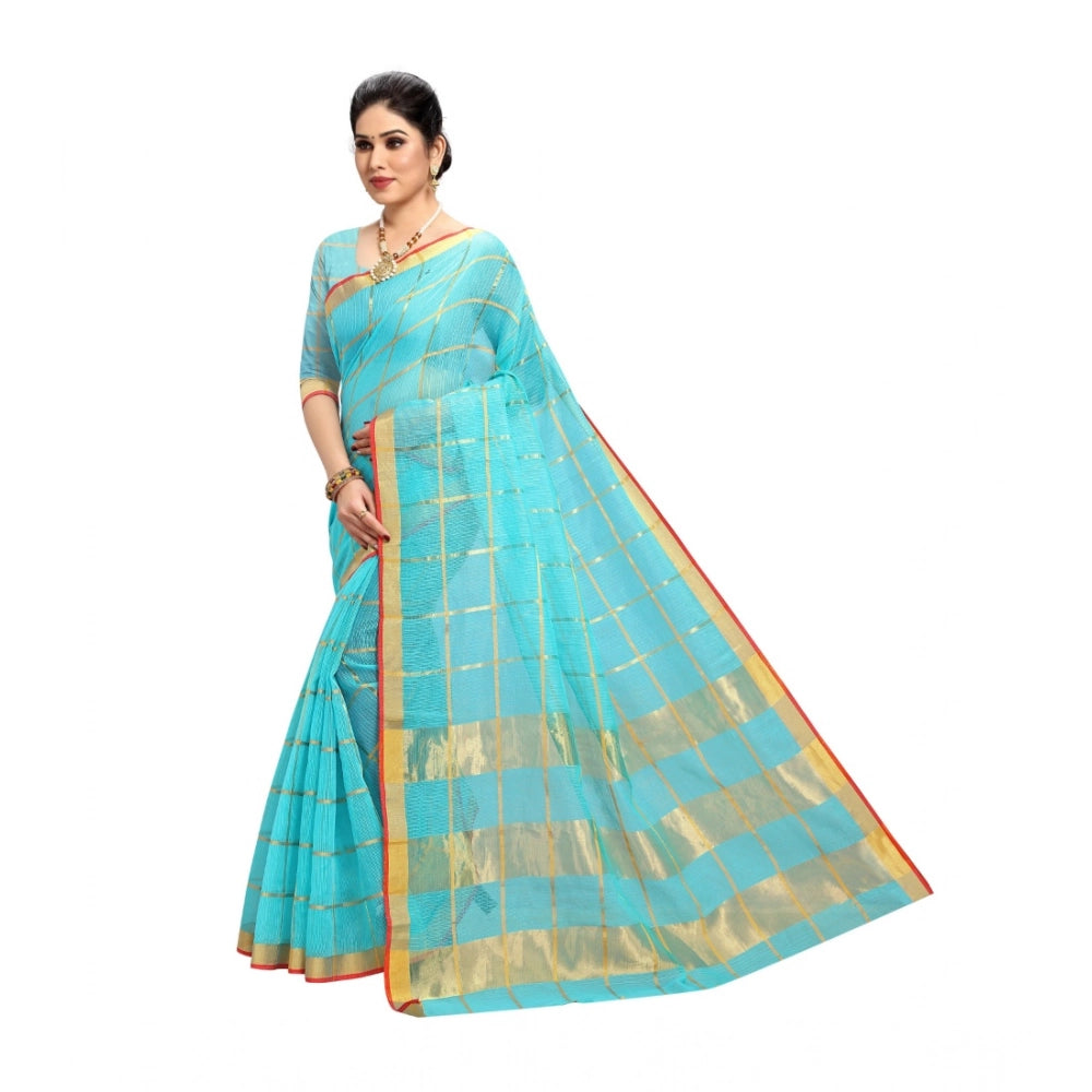 Snuggle Spot Women's Kota Doria Cotton Saree With Blouse (Sky Blue,6-3 Mtrs)
