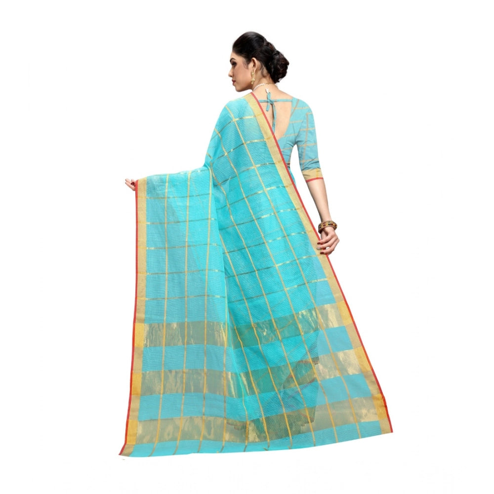 Snuggle Spot Women's Kota Doria Cotton Saree With Blouse (Sky Blue,6-3 Mtrs)