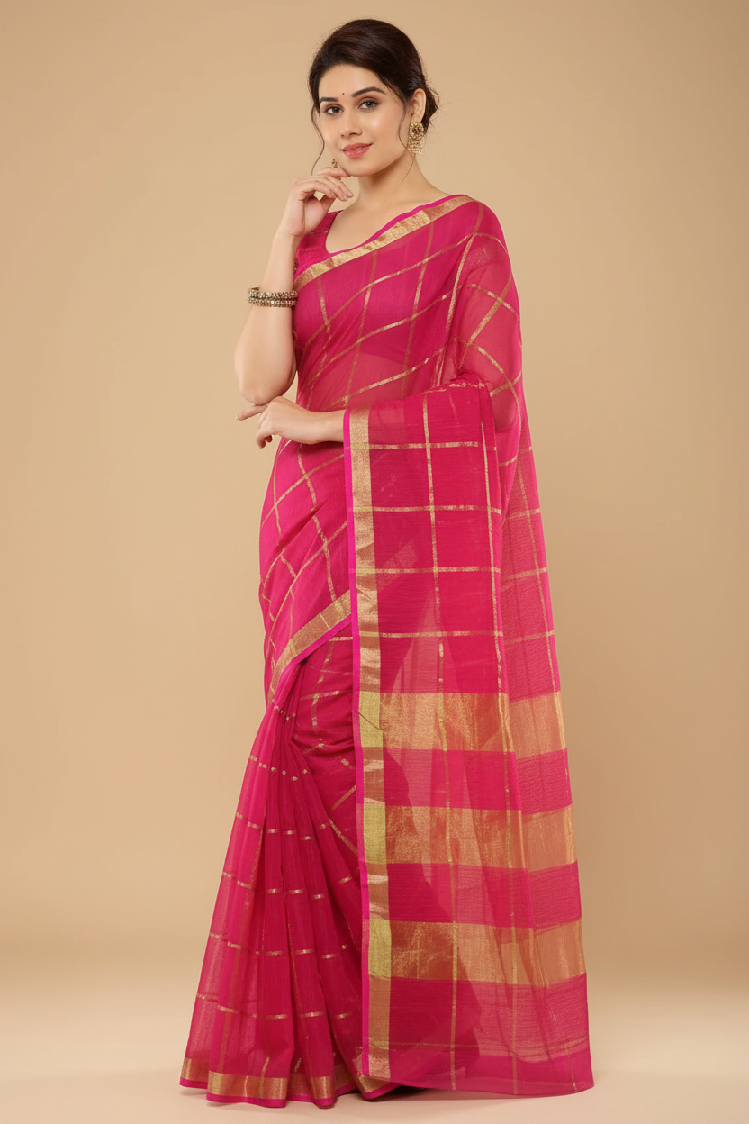 Snuggle Spot Women's Kota Doria Cotton Saree With Blouse (Rani,6-3 Mtrs)