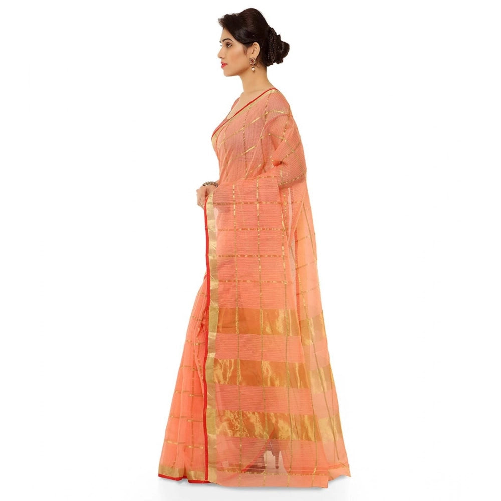 Snuggle Spot Women's Kota Doria Cotton Saree With Blouse (Peach,6-3 Mtrs)
