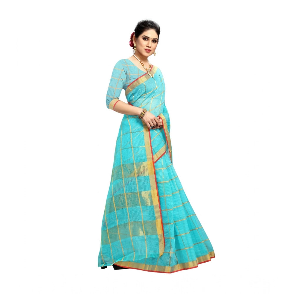 Snuggle Spot Women's Kota Doria Cotton Saree With Blouse (Sky Blue,6-3 Mtrs)
