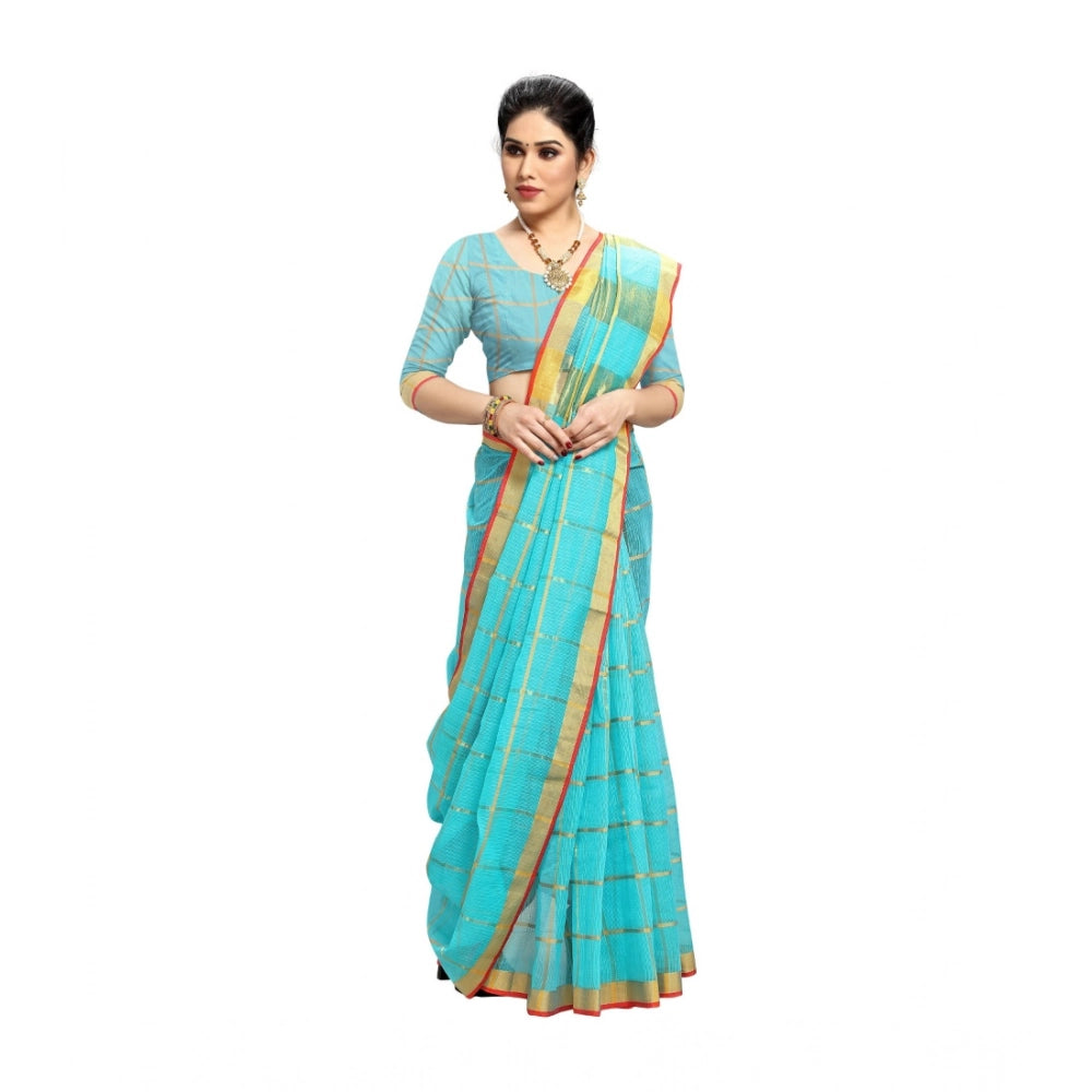 Snuggle Spot Women's Kota Doria Cotton Saree With Blouse (Sky Blue,6-3 Mtrs)