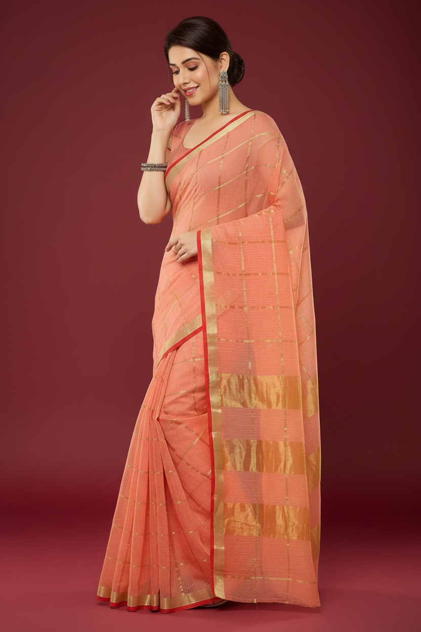 Snuggle Spot Women's Kota Doria Cotton Saree With Blouse (Peach,6-3 Mtrs)