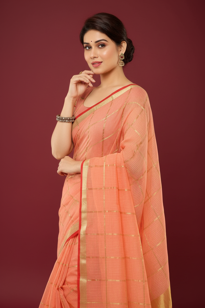Snuggle Spot Women's Kota Doria Cotton Saree With Blouse (Peach,6-3 Mtrs)