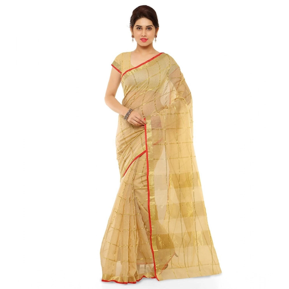 Snuggle Spot Women's Kota Doria Cotton Saree With Blouse (Chikoo,6-3 Mtrs)