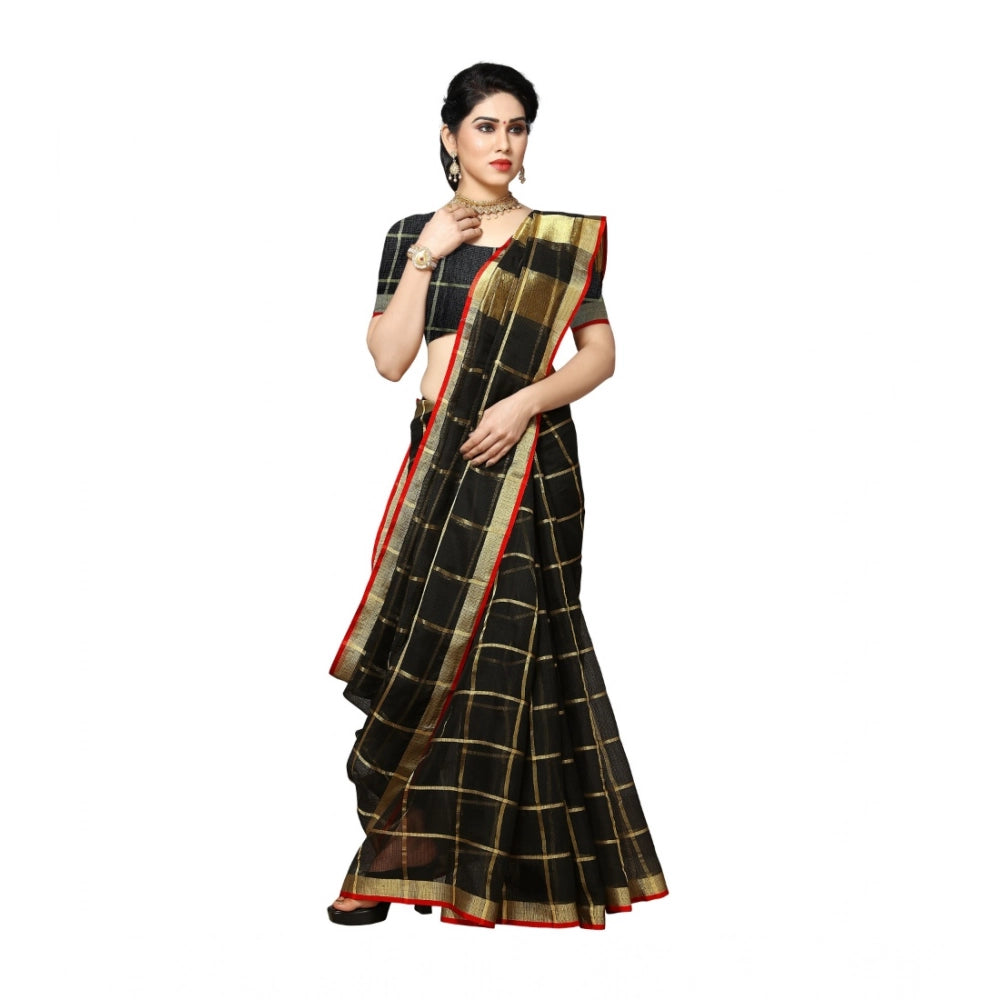 Snuggle Spot Women's Kota Doria Cotton Saree With Blouse (Black,6-3 Mtrs)