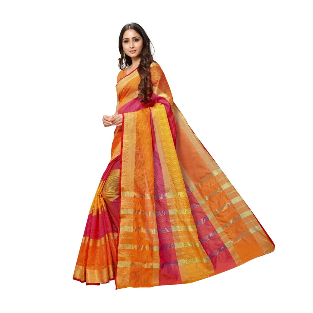 Snuggle Spot Women's Kota Doria Cotton Saree With Blouse (Orange,6-3 Mtrs)