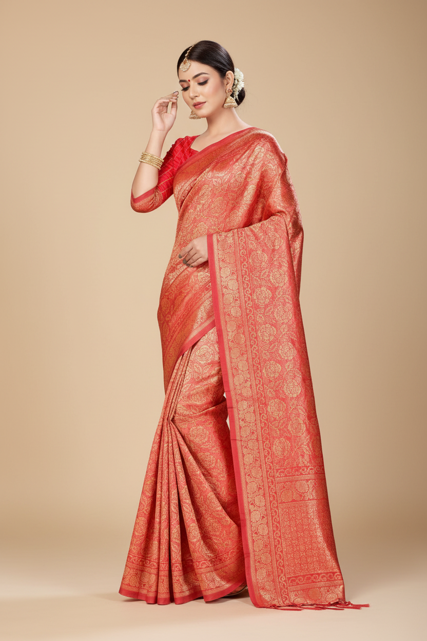Snuggle Spot Women's Banarasi Silk Saree (Peach,5-6 Mtrs)