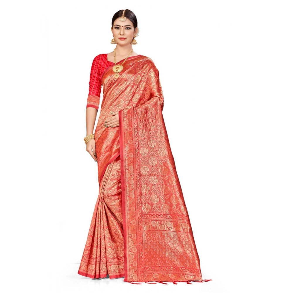 Snuggle Spot Women's Banarasi Silk Saree (Peach,5-6 Mtrs)