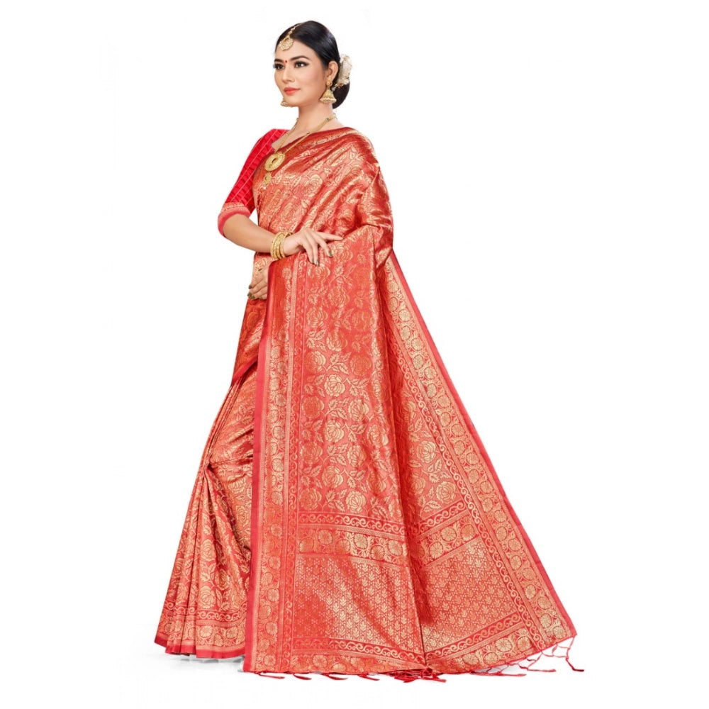 Snuggle Spot Women's Banarasi Silk Saree (Peach,5-6 Mtrs)