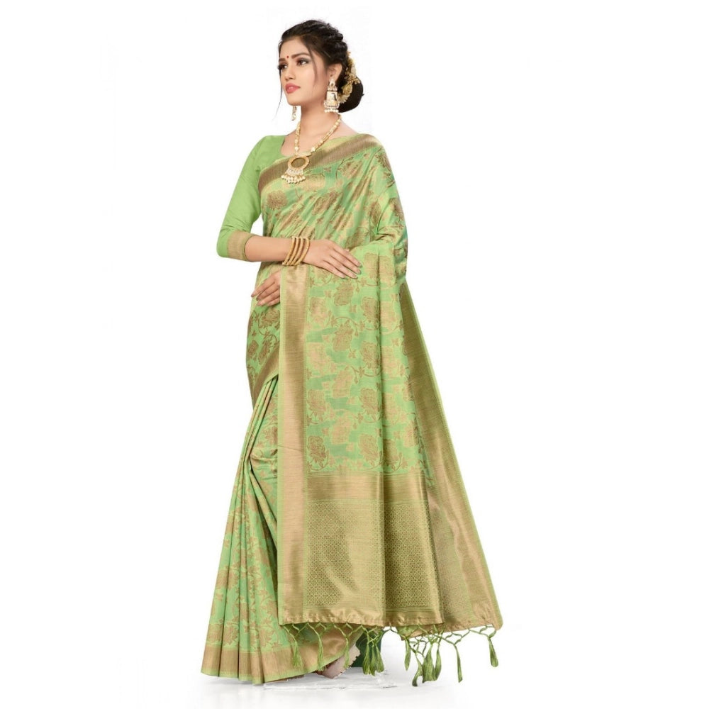 Snuggle Spot Women's Banarasi (Spun Cotton) Saree (Pista Green,5-6 Mtrs)