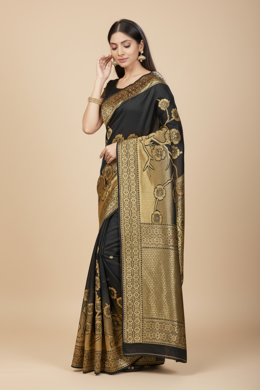 Snuggle Spot Women's Banarasi Silk Saree (Black,5-6 Mtrs)