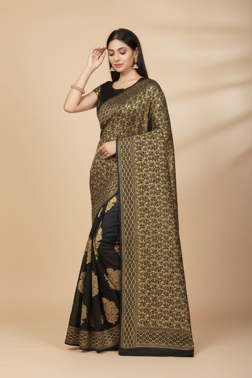 Snuggle Spot Women's Banarasi Silk Saree (Black,5-6 Mtrs)