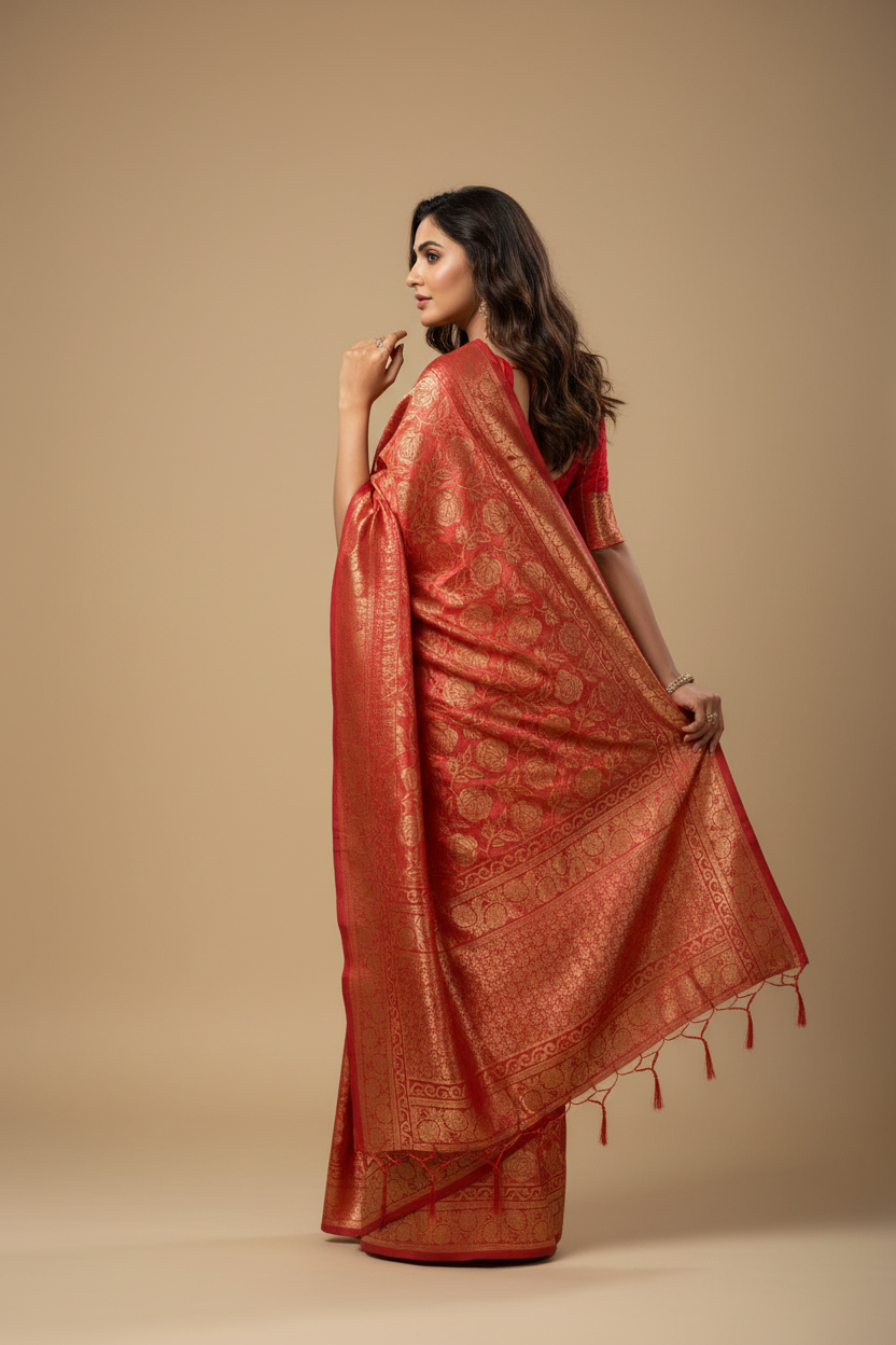Snuggle Spot Women's Banarasi Silk Saree (Peach,5-6 Mtrs)