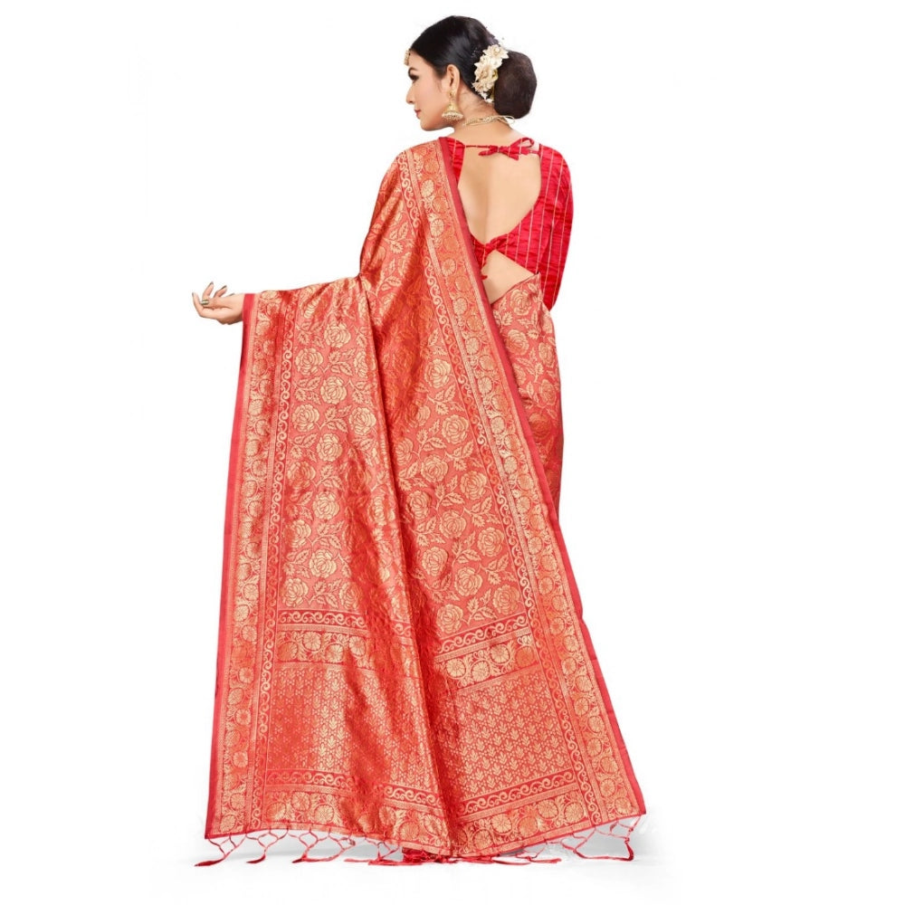 Snuggle Spot Women's Banarasi Silk Saree (Peach,5-6 Mtrs)