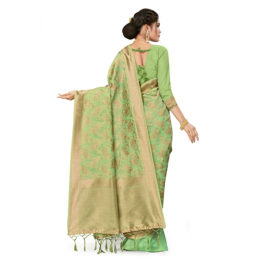 Snuggle Spot Women's Banarasi (Spun Cotton) Saree (Pista Green,5-6 Mtrs)
