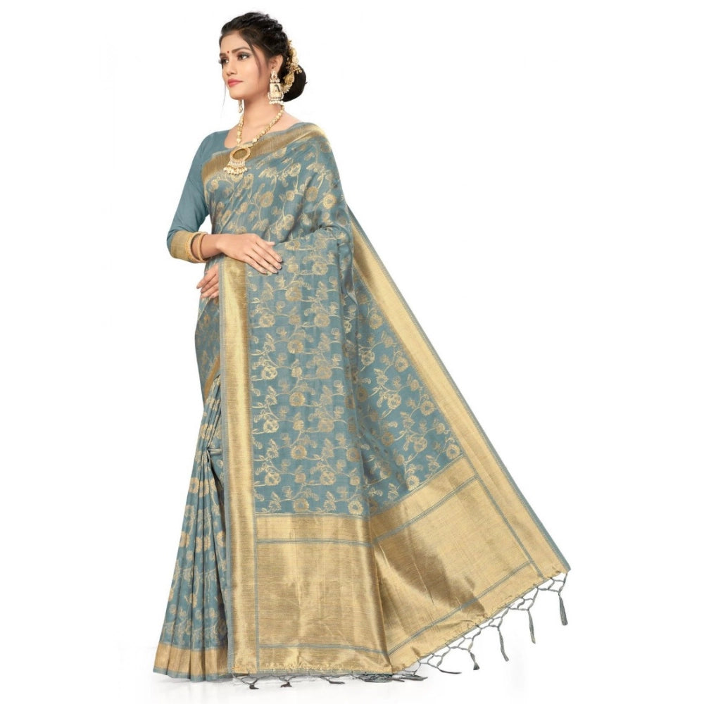 Snuggle Spot Women's Banarasi (Spun Cotton) Saree (Grey,5-6 Mtrs)