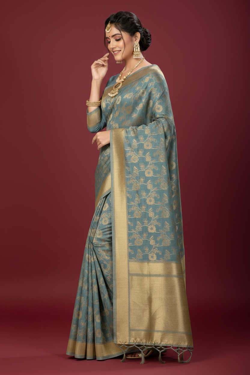 Snuggle Spot Women's Banarasi (Spun Cotton) Saree (Grey,5-6 Mtrs)