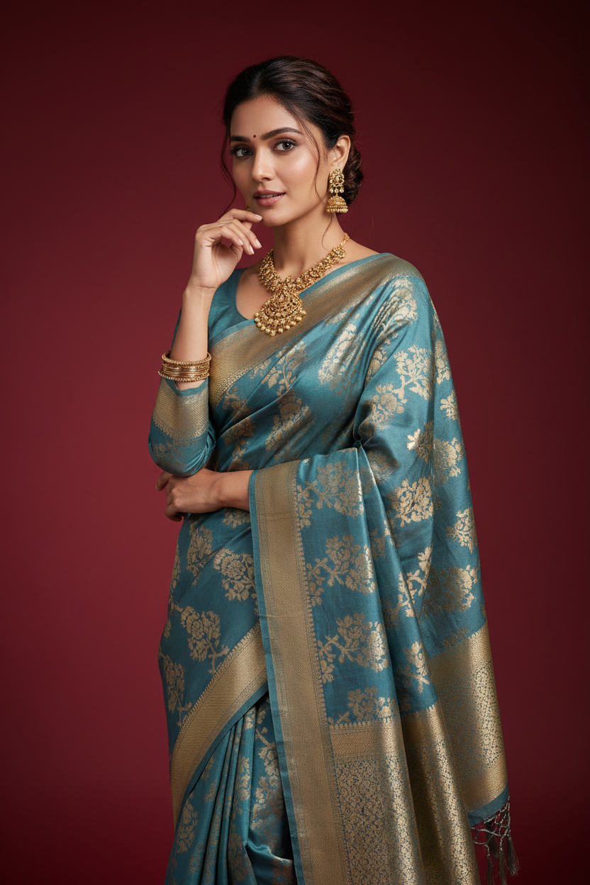 Snuggle Spot Women's Banarasi (Spun Cotton) Saree (Grey,5-6 Mtrs)