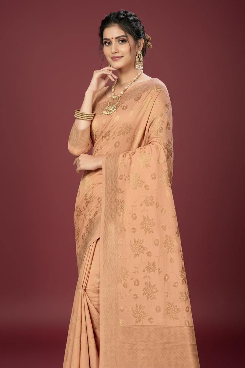 Snuggle Spot Women's Banarasi (Spun Cotton) Saree (Beige,5-6 Mtrs)