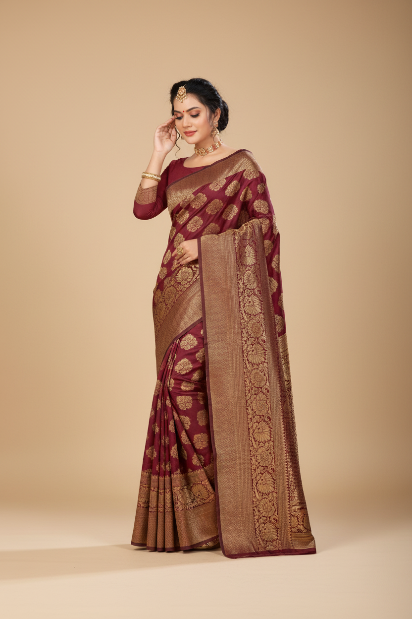 Snuggle Spot Women's Banarasi Silk Saree (Maroon,5-6 Mtrs)
