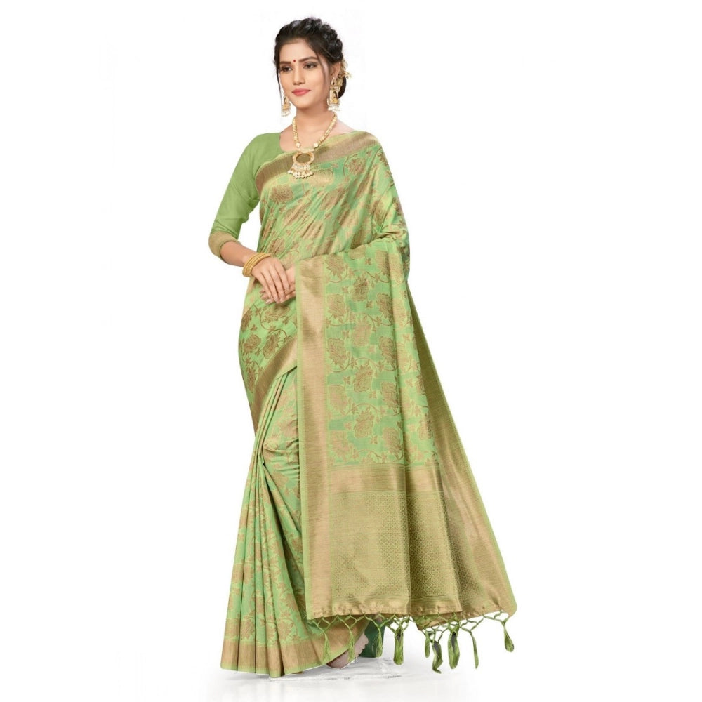 Snuggle Spot Women's Banarasi (Spun Cotton) Saree (Pista Green,5-6 Mtrs)