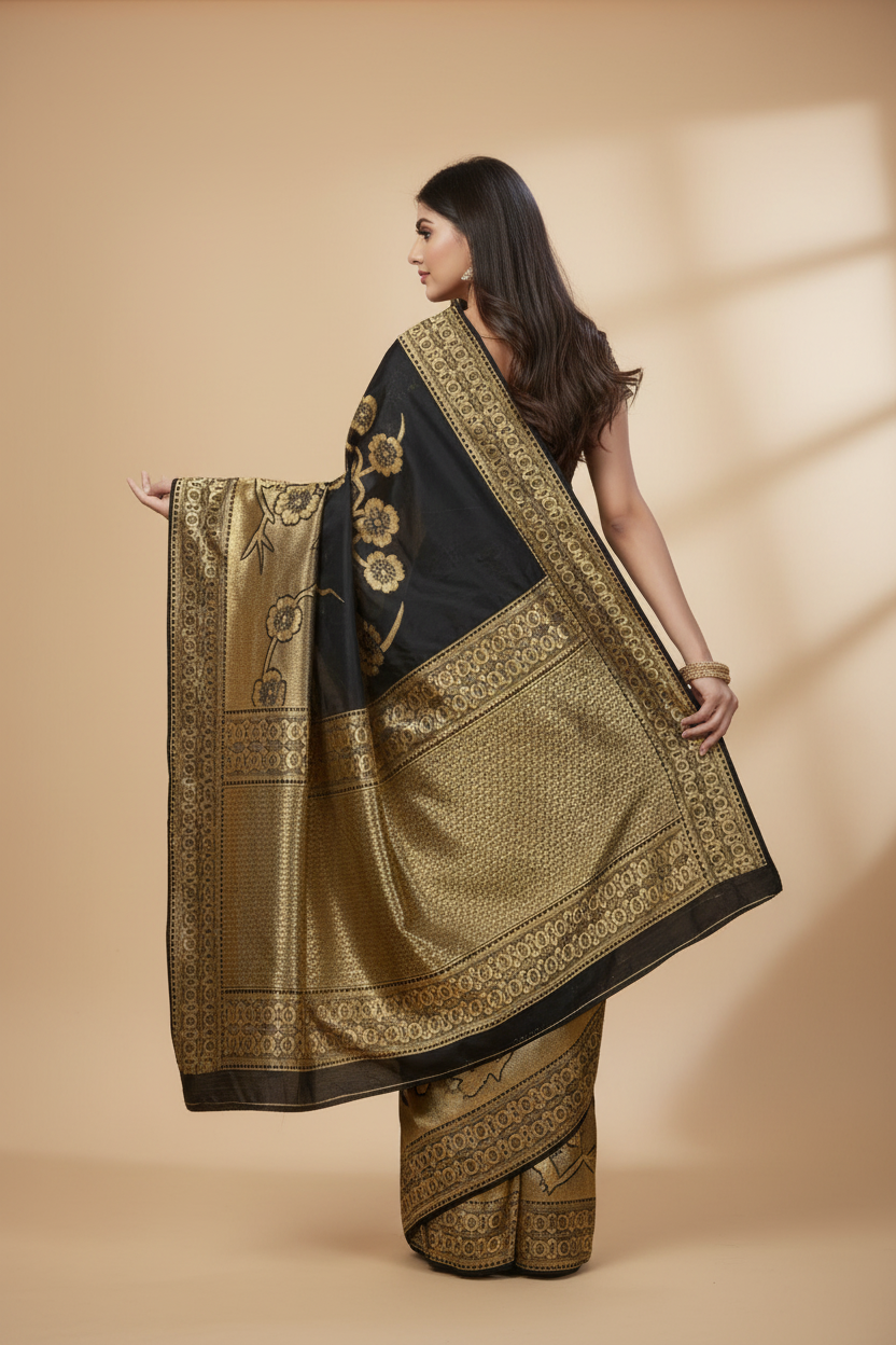 Snuggle Spot Women's Banarasi Silk Saree (Black,5-6 Mtrs)