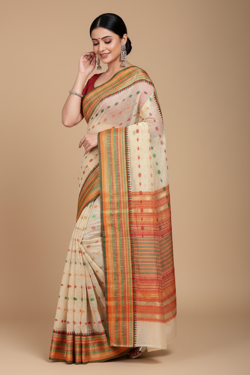 Snuggle Spot Women's Kota Doria Cotton Woven Butta Saree With Blouse (Cream, 5-6 Mtrs)