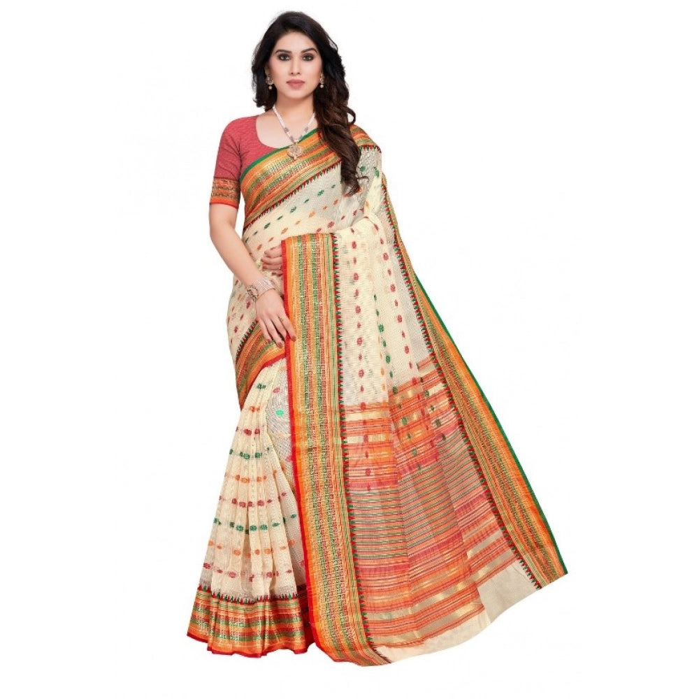 Snuggle Spot Women's Kota Doria Cotton Woven Butta Saree With Blouse (Cream, 5-6 Mtrs)