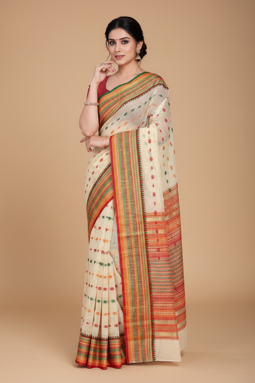 Snuggle Spot Women's Kota Doria Cotton Woven Butta Saree With Blouse (Cream, 5-6 Mtrs)