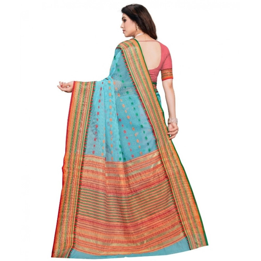 Snuggle Spot Women's Kota Doria Cotton Woven Butta Saree With Blouse (Sky Blue, 5-6 Mtrs)