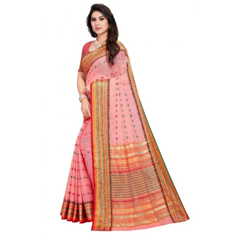Snuggle Spot Women's Kota Doria Cotton Woven Butta Saree With Blouse (Pink, 5-6 Mtrs)