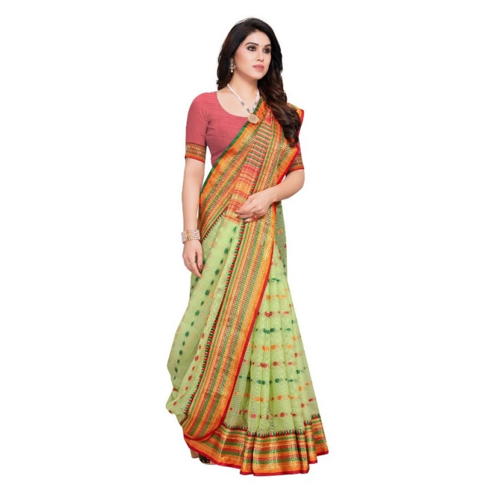Snuggle Spot Women's Kota Doria Cotton Woven Butta Saree With Blouse (Light Green, 5-6 Mtrs)
