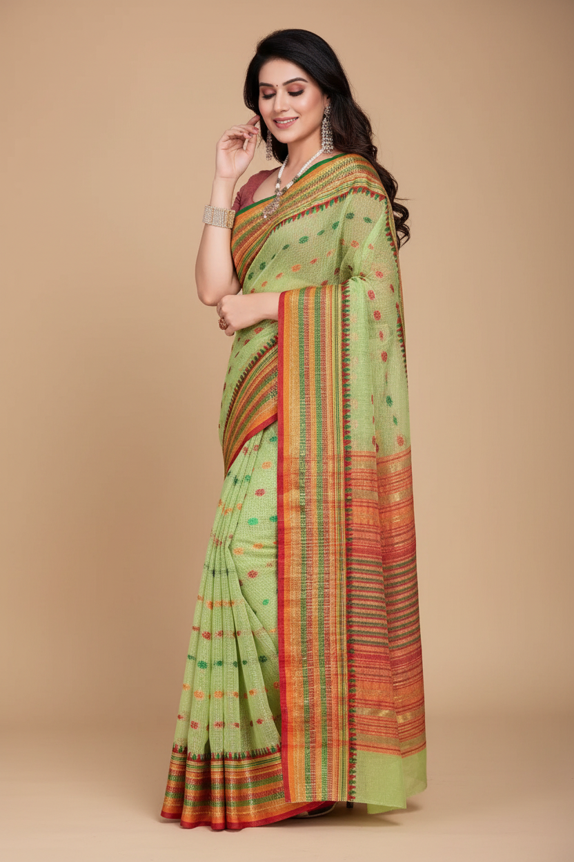 Snuggle Spot Women's Kota Doria Cotton Woven Butta Saree With Blouse (Light Green, 5-6 Mtrs)