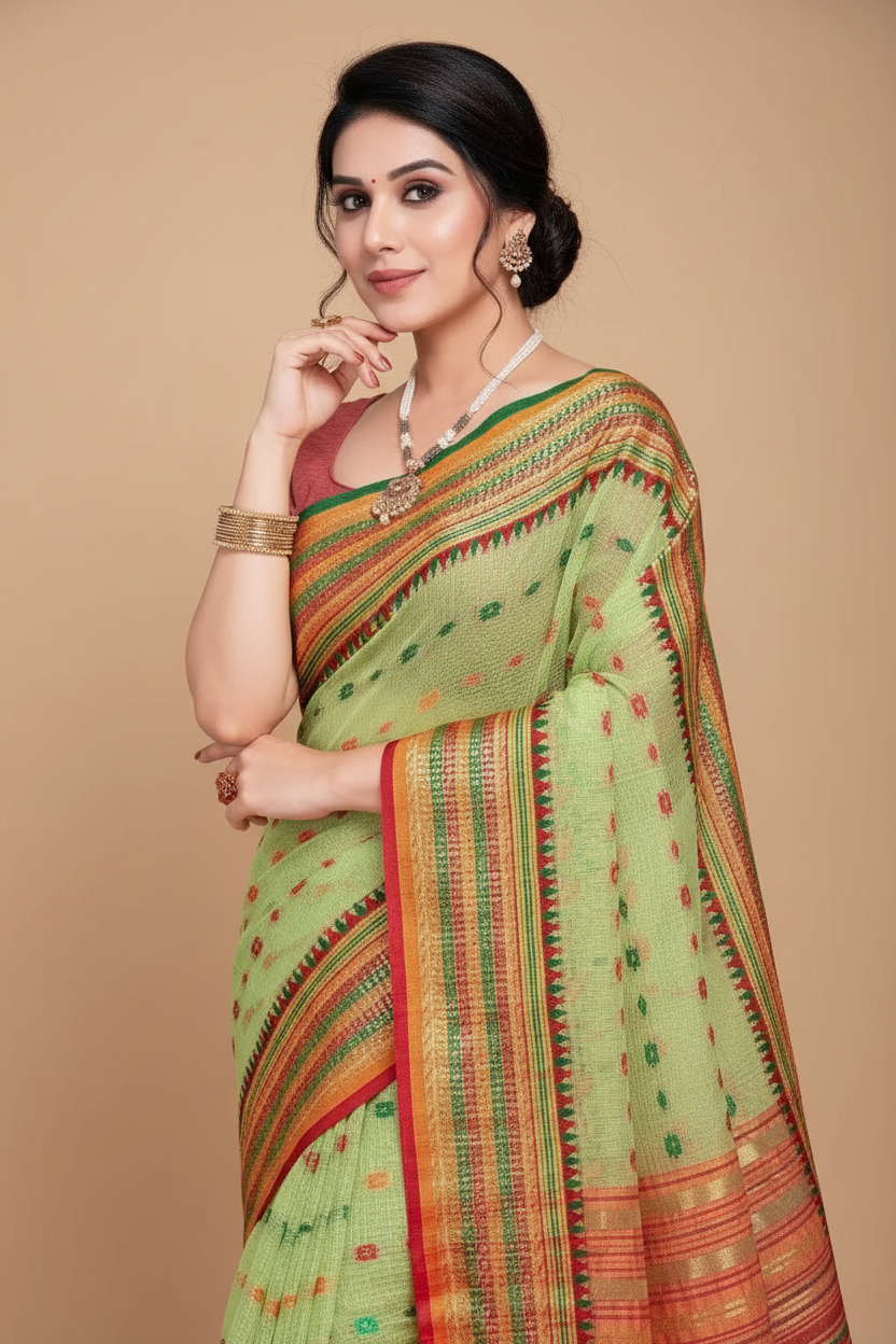 Snuggle Spot Women's Kota Doria Cotton Woven Butta Saree With Blouse (Light Green, 5-6 Mtrs)