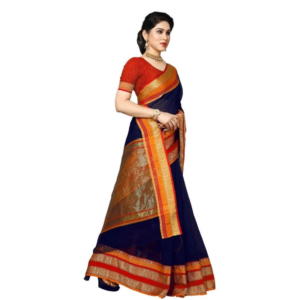 Snuggle Spot Women's Kota Doria Cotton Border Saree With Blouse (Navy Blue, 5-6 Mtrs)