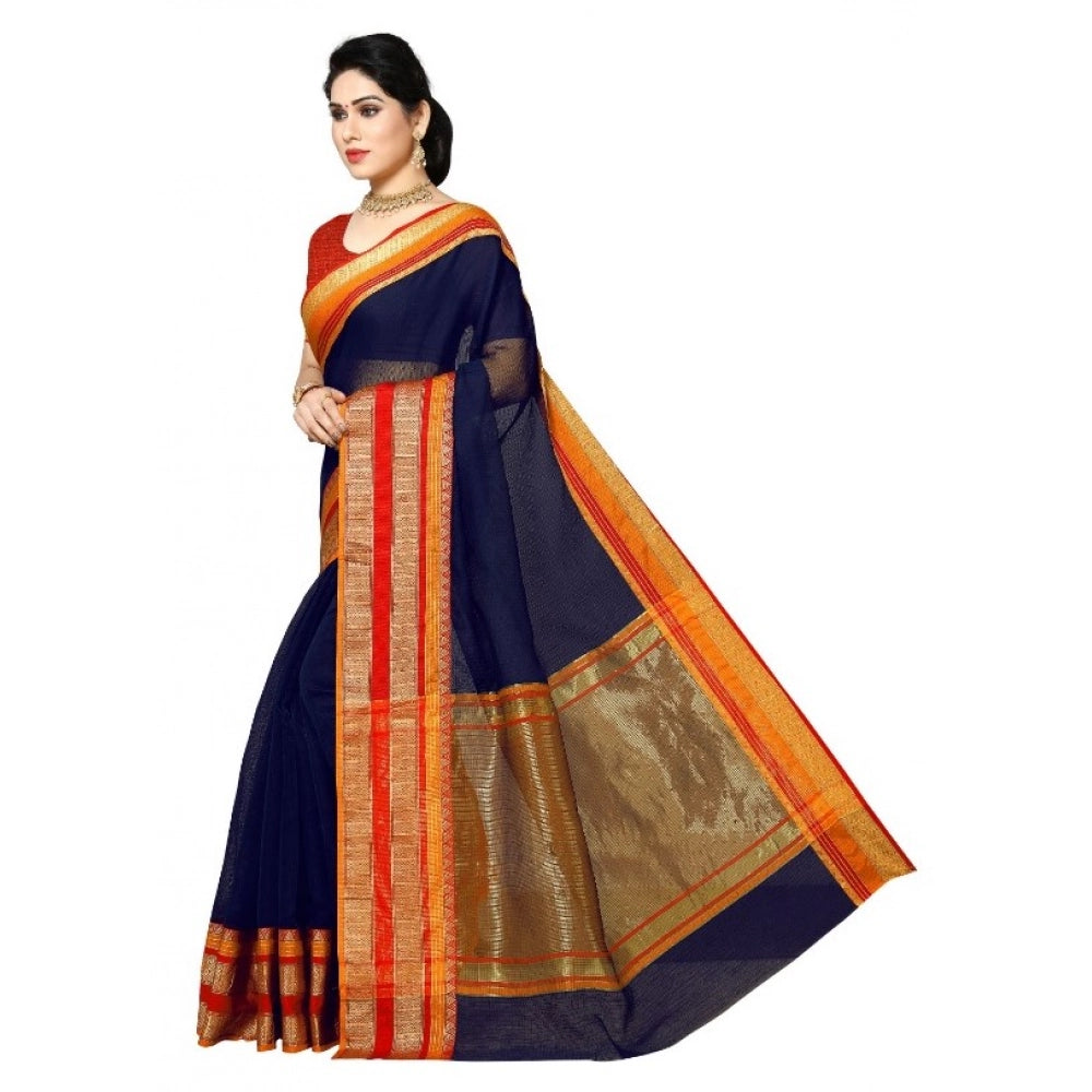 Snuggle Spot Women's Kota Doria Cotton Border Saree With Blouse (Navy Blue, 5-6 Mtrs)