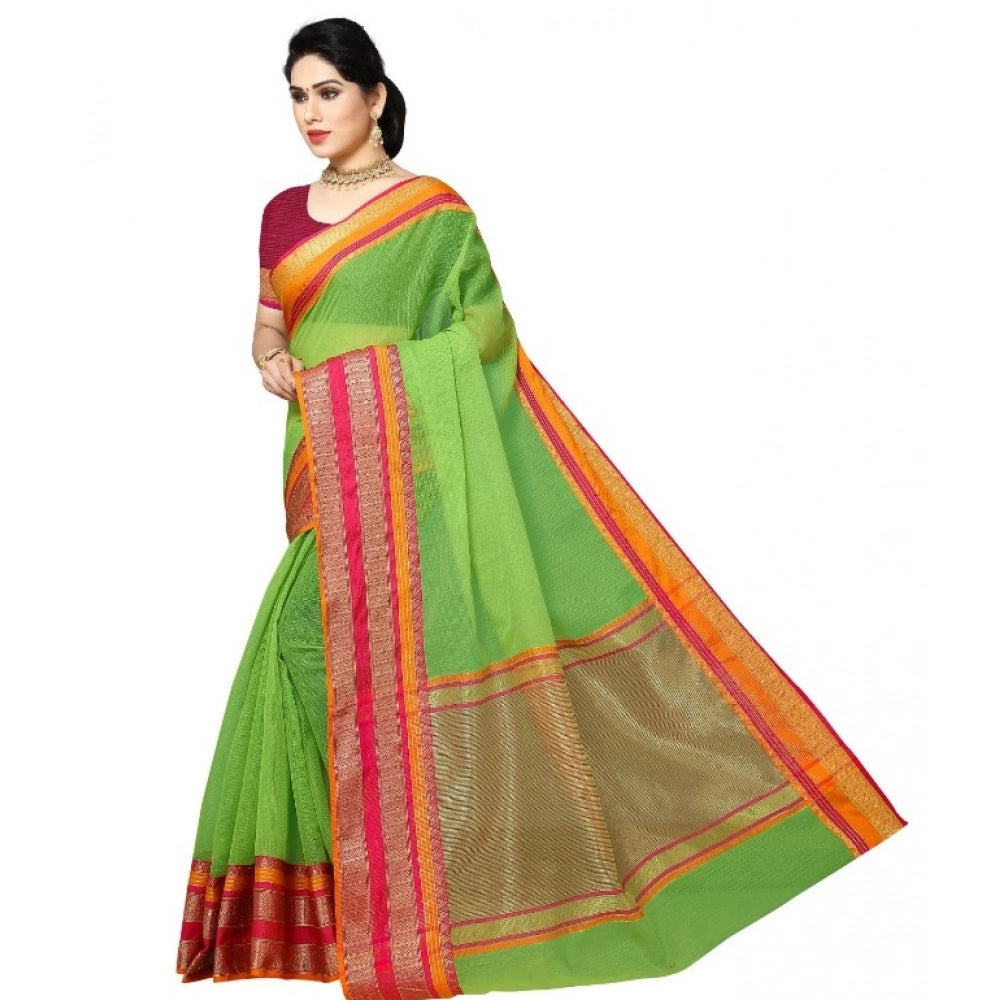 Snuggle Spot Women's Kota Doria Cotton Border Saree With Blouse (Light Green, 5-6 Mtrs)