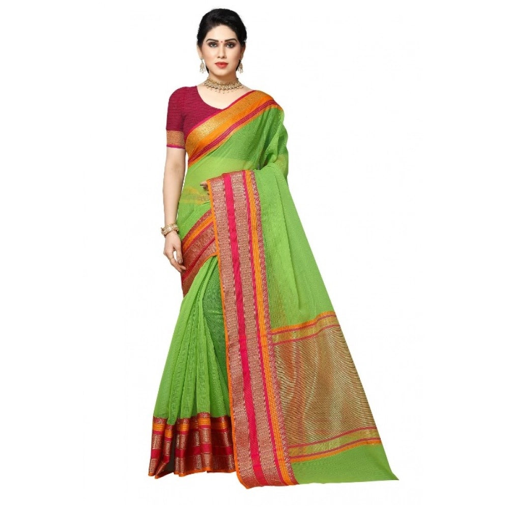 Snuggle Spot Women's Kota Doria Cotton Border Saree With Blouse (Light Green, 5-6 Mtrs)