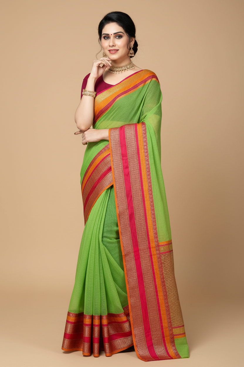 Snuggle Spot Women's Kota Doria Cotton Border Saree With Blouse (Light Green, 5-6 Mtrs)