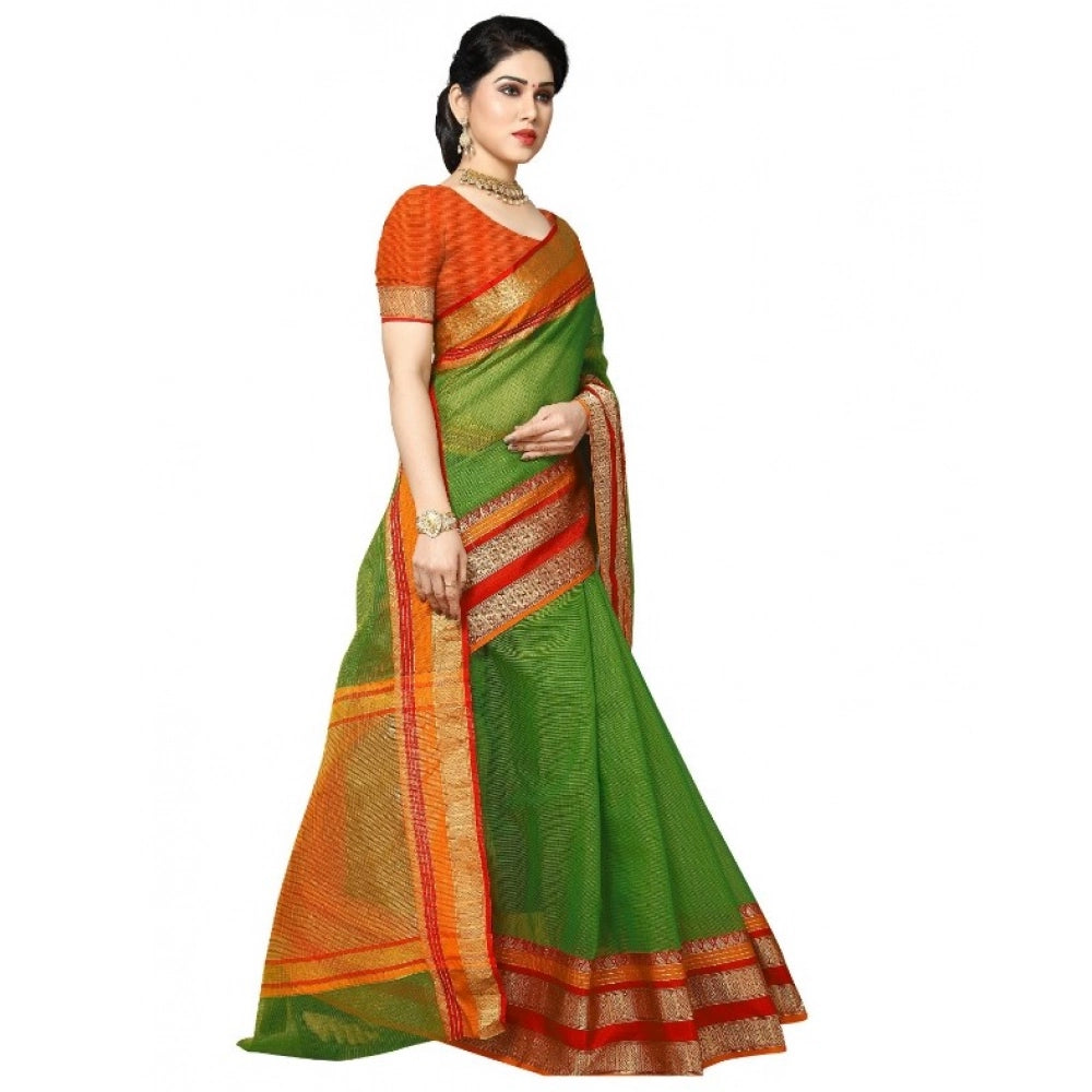 Snuggle Spot Women's Kota Doria Cotton Border Saree With Blouse (Green, 5-6 Mtrs)